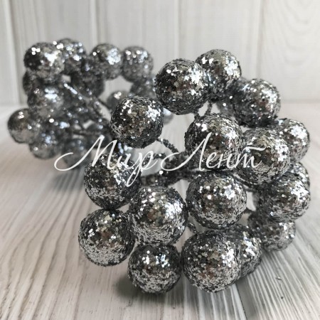 Ягідки з блискітками великі, 18 мм, срібло, пучок