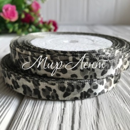 Атлас 0,9 см, молочно-сірий леопард, рулон 18 м