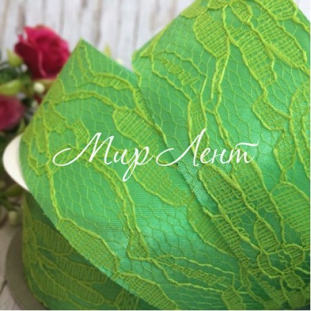 Атлас 4 см, кружево, ярко-зеленый