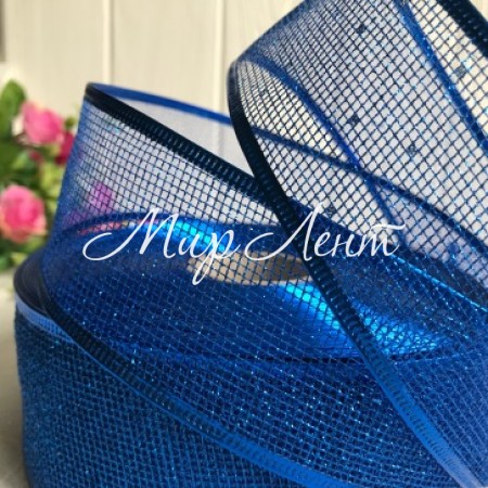 Лента новогодняя сетка с блестками, 3,8 см, синий