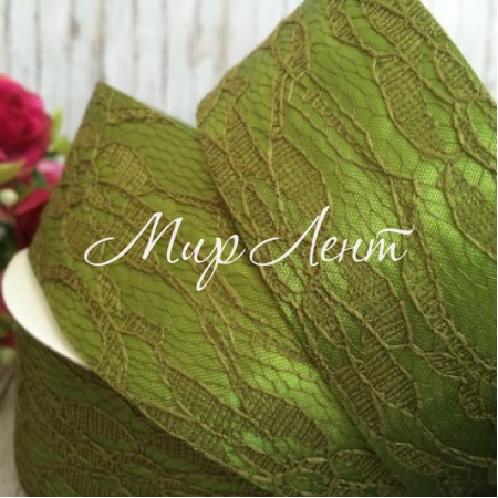 Атлас 4 см, кружево, оливковый