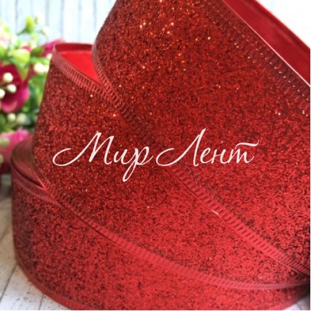 Лента новогодняя с блестками, 3,8 см, красный