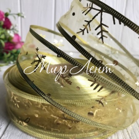 Лента-органза новогодняя со снежинками, 3,8 см, золото