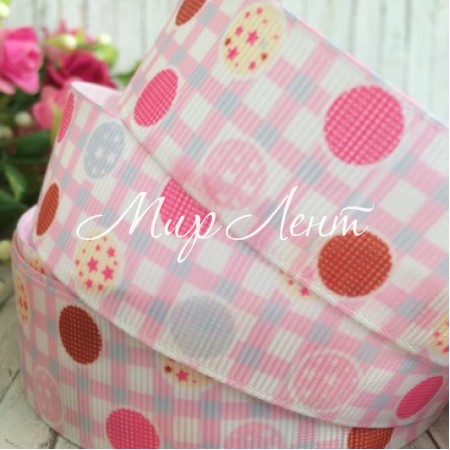 Репс 2,5 см, малиново-червоні кола на рожево-блакитній клітці, 1 м