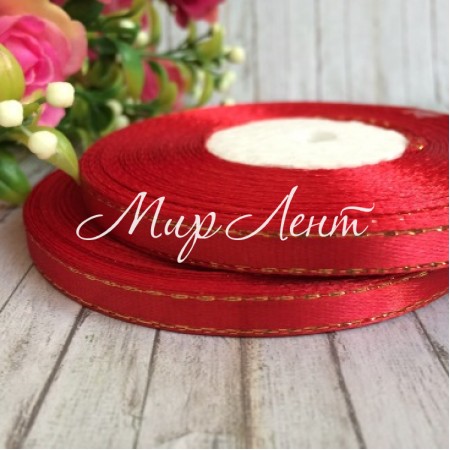 Атлас 0,6 см люрекс золото, червоний оксамит, рулон 33 м