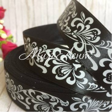 Атлас 2,5 см, орнамент, чорний