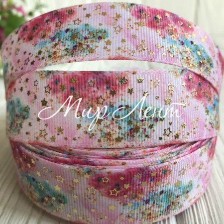 Репс із зірками (фольга), 2,5 см, рожево-м'ятний, метр