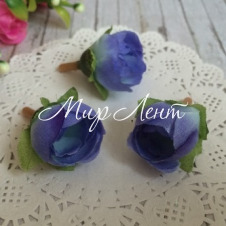 Бутон троянди тканинний (з листочками), 2,5 см, синій