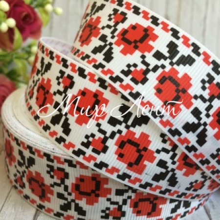 Репс 2,5 см, білий, з вишитими червоними трояндами