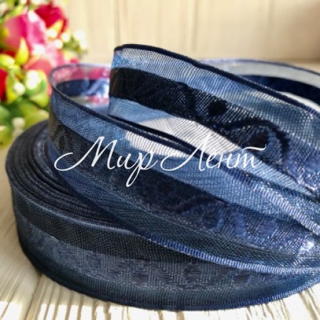 Органза з атласним візерунком, 2 см, сапфіровий