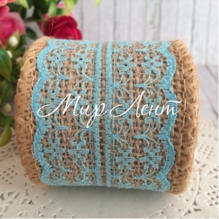 Лента-мешковина с кружевом цветочком, 5 см, голубой, 2 ярда