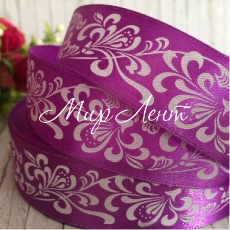 Атлас 2,5 см, орнамент, темно-фіолетовий