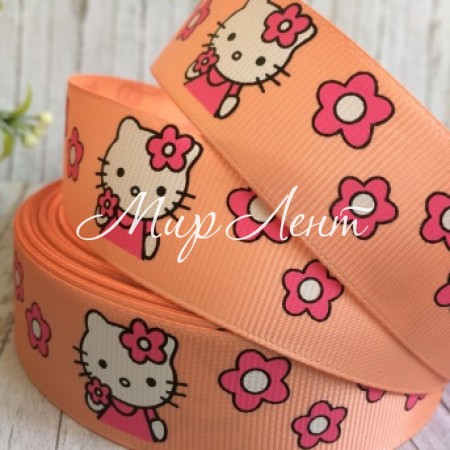 Репс 2,5 см, Кітті з квіточками, персиковий
