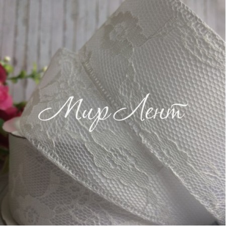 Атлас із мереживом New, 4 см, білий