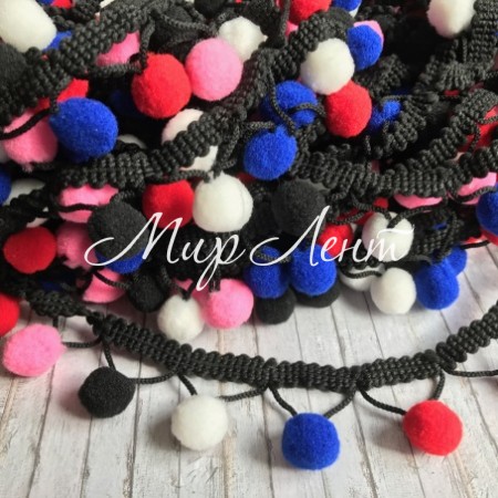 Тесьма с помпонами (big), 1,5 см, черно-бело-синий