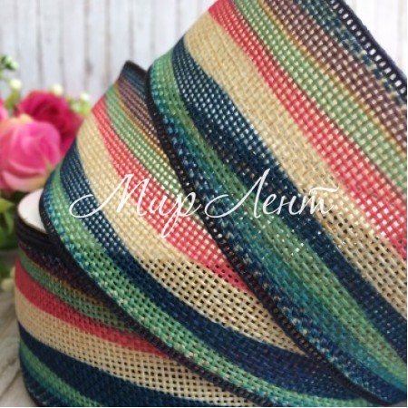 Лента из мешковины волна, 4 см, салатово-бирюзово-молочный