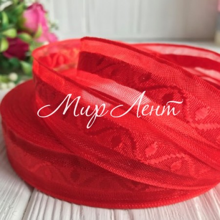 Органза з атласним візерунком, 2 см, червоний