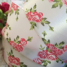 Атлас 4 см, трояндочка, біло-коралова