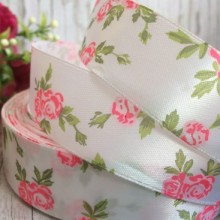 Атлас 2,5 см, трояндочка, біло-яскраво-рожева