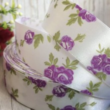 Атлас 2,5 см, трояндочка, біло-фіолетова