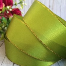 Атлас із люрексом 2,5 см (золото), оливковий, рулон 23 м