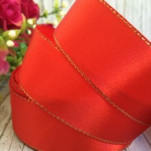 Атлас із люрексом 2,5 см (золото), червоний, рулон 23 м