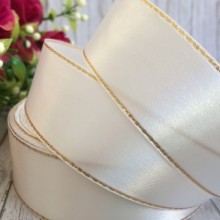 Атлас із люрексом 2,5 см (золото), айворі, рулон 33 м