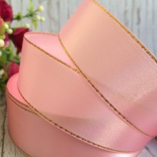 Атлас із люрексом 2,5 см (золото), світло-рожевий, рулон 33 м