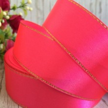 Атлас із люрексом 2,5 см (золото), світло-малиновий, рулон 33 м