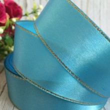 Атлас із люрексом 2,5 см (золото), світло-бірюзовий, рулон 33 м