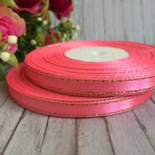 Атлас 0,6 см люрекс золото, яскраво-рожевий, рулон 33 м