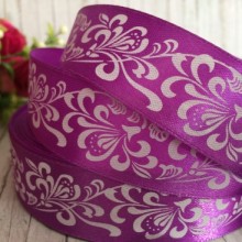 Атлас 2,5 см, орнамент, темно-фіолетовий