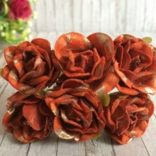 Троянда тканинна з блиском, 2,5 см, цегляна із золотом