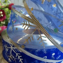 Стрічка-органза новорічна (сніжинки), 3,8 см, синя