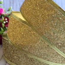 Стрічка новорічна з блискітками, 3,8 см, золото