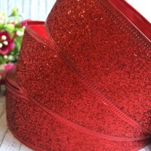 Стрічка новорічна з блискітками, 3,8 см, червоний