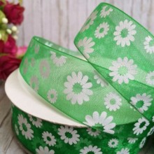 Органза 2,5 см, ромашка, зелена
