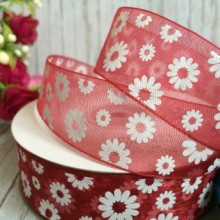 Органза 2,5 см, ромашка, червоний оксамит