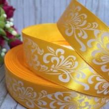 Атлас 2,5 см, орнамент, темно-жовтий