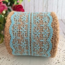 Стрічка-мішковина з мереживною квіточкою, 5 см, блакитний, 2 ярди