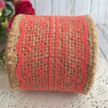 Стрічка-мішковина з мереживною квіточкою, 5 см, кораловий, 2 ярди