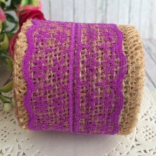 Стрічка-мішковина з мереживною квіточкою, 5 см, темно-фіолетовий, 2 ярди