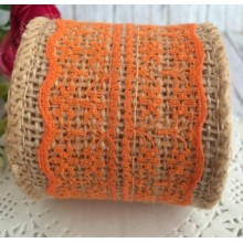 Стрічка-мішковина з мереживом квіточкою, 5 см, помаранчевий, 2 ярди