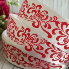 Атлас 2,5 см, орнамент, біло-червоний