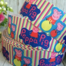 Репс 2,5 см, свинка Пеппа, жовто-малинова смужка