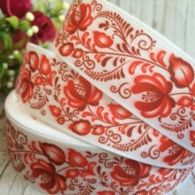 Репс 2,5 см, півники з червоними квітами, білий