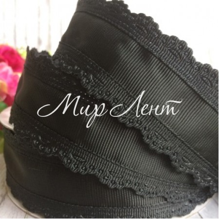 Репс із ажурним кантом, 3,5 см, чорний