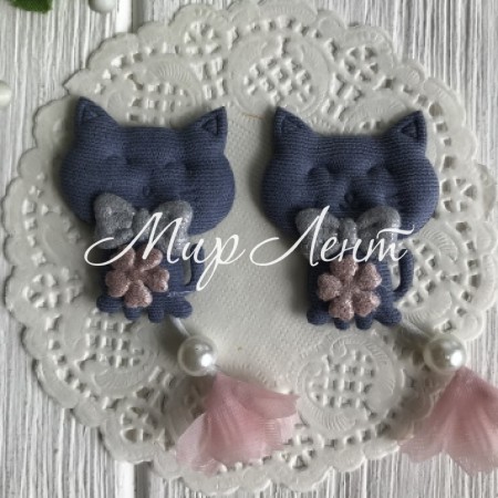 Аплікація тканинна котик з бантом, 4,5 см, сірий з рожевою вісюлькою, шт.