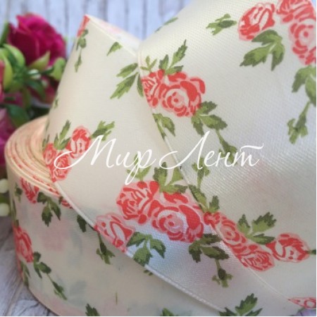 Атлас 4 см, розочка, молочно-алая