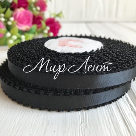 Атлас двосторонній з петельками 0,6 см, чорний, рулон 20 ярдів